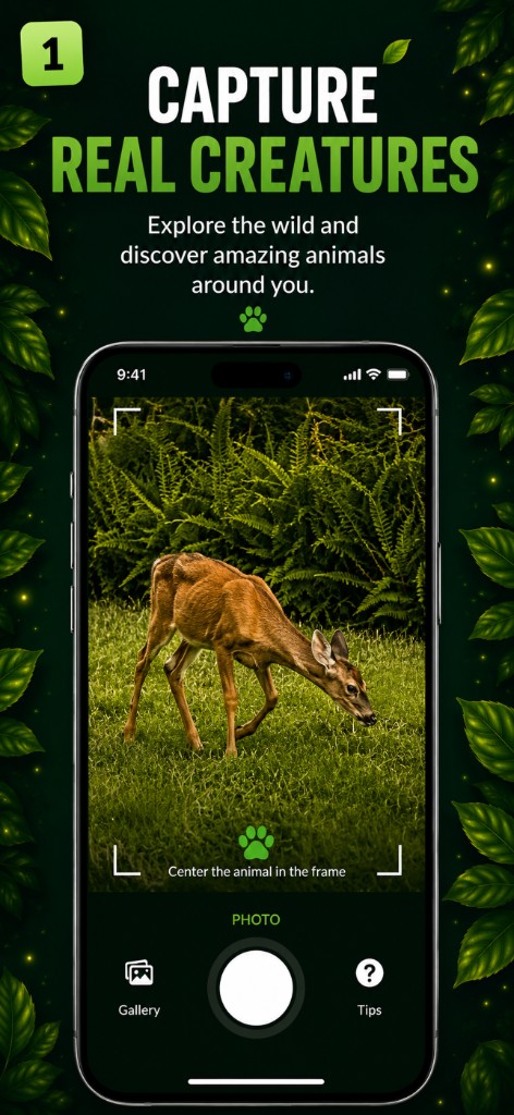 Crittr AI camera screen showing a deer in the viewfinder with framing guides