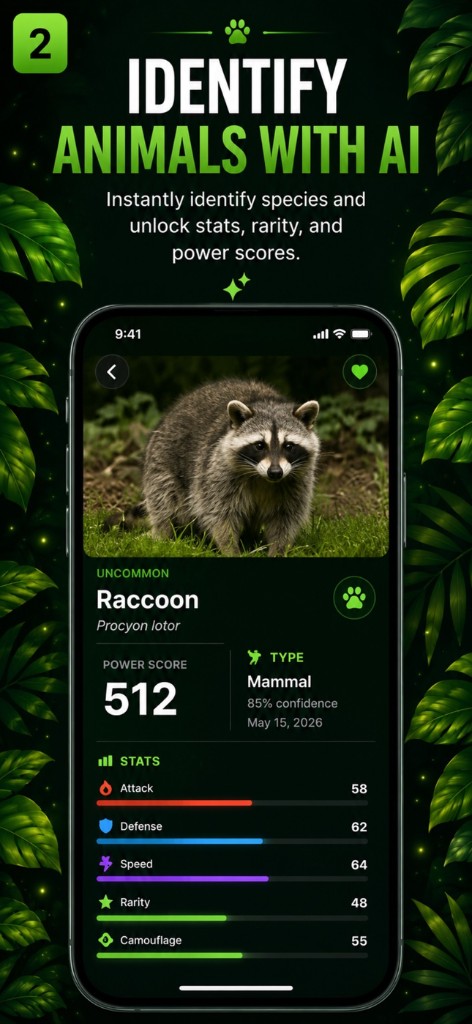 Crittr AI identification screen for a raccoon showing power score, rarity, and stats